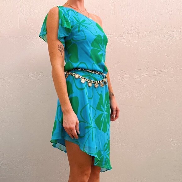 Summer '04 Y2K 100% Silk Blue Floral Asymmetric  One Shoulder Dress - Picture 3 of 7